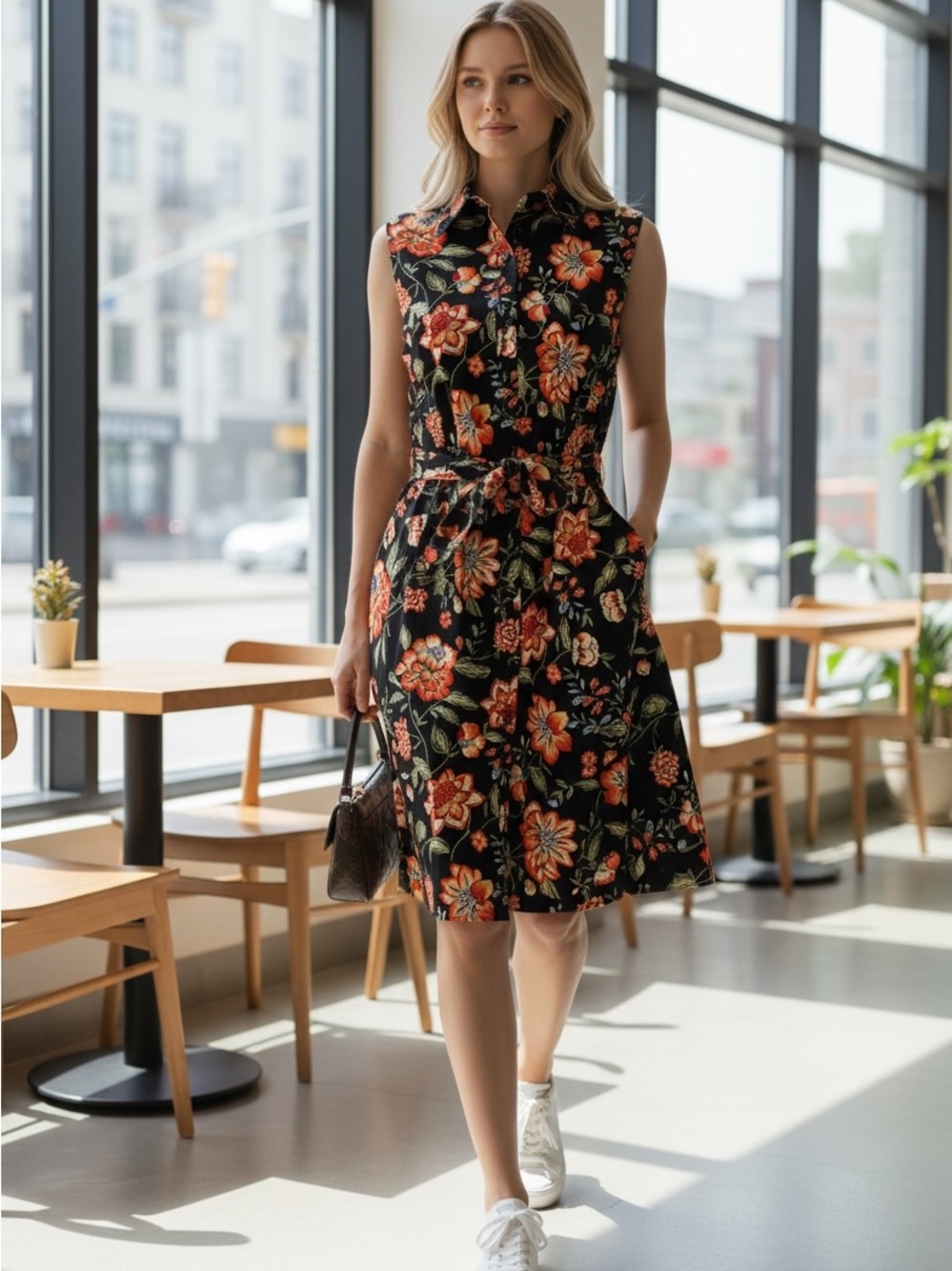 White Stag Black Floral Sleeveless Tie-Waist Midi Dress